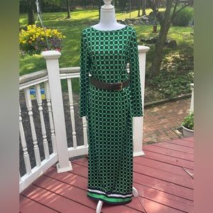 MICHAEL Michael Kors Belted Long Sleeve Green Navy Maxi Dress STUNNING! Med